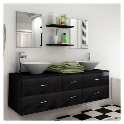 Produktbild von Badmöbel-Set mit Waschbecken und Wasserhahn in Schwarz