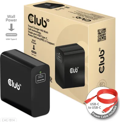 Zdjęcie produktu dla Ładowarka podróżna Club3d CLUB3D o mocy 140 W, technologia GaN, pojedynczy port USB typu C, obsługa Power Delivery (PD) 3.1