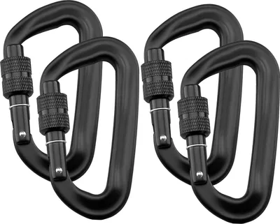 Produktbild von Intirilife 4er Set Karabiner Clips 12 kN 1200 kg Schwarz - 8.2 x 4.6 x 1.5cm - D-förmiger Schraubkarabiner, Twist Locking, Haken für Hängematten, Camping, Wandern, Hundeleine, Schlüsselanhänger