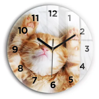 Produktbild von Wallfluent Große Wanduhr – Stilles Quarzuhrwerk - Uhr Dekoration Wohnzimmer Schlafzimmer Küche - Zifferblatt - schwarze Zeiger - 60 cm - Schlafende kleine Katze
