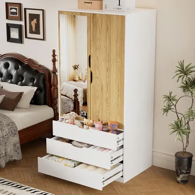 Productafbeelding van Witte kledingkast met spiegel en 2 deuren en 3 lades voor slaapkamer
