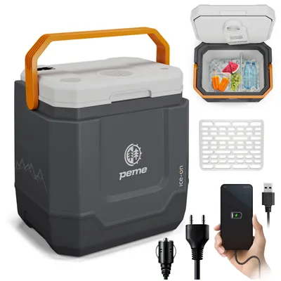 Produktbild von PEME Ice-on 33 Liter elektrische Kühlbox zum Kühlen und Warmhaltenm it Bluetooth Lautsprecher, 12/230V mobiler Kühlschrank, USB-Anschluss, Eco-Modus