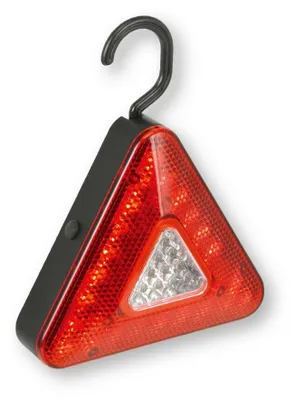 A red triangular warning light with a black hook on a white background.