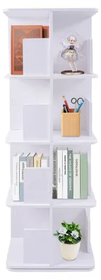 Image de Étagère tournante pour livres, 4 niveaux, rotation à 360 degrés, dimensions 40x40x128,3 cm, couleur blanche