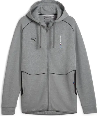 Produktbild von BMW M Motorsport Kapuzensweatjacke Puma, Offizieller Fanartikel, Graue Hoodie-Jacke mit BMW und M Logo, schwarze Kontrasteinsätze, Baumwoll-Mix