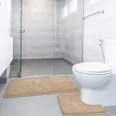 Obrázek produktu pro Sada podlahových rohoží do koupelny, 2 kusy, rozměry 50x80 cm a 50x50 cm, barva: béžová, protiskluzové, omyvatelné
