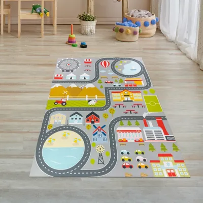 Produktbild von Kinderzimmerteppich rutschsicher mit Städtemuster in Grau Größe - 80 x 150 cm