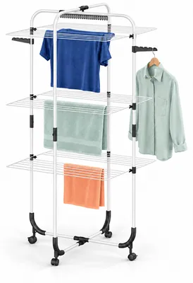 Produktbild von Relaxdays Wäscheständer Turm, ausklappbare Flügel, HBT: 137 x 64,5 x 70 cm, Metall, rollbarer Turmwäschetrockner, weiß, KI-generiertes Bild