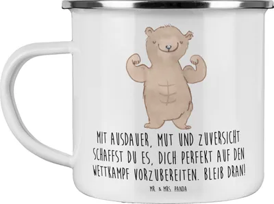 Produktbild von Mr. & Mrs. Panda Teetasse Wettkampfvorbereitung meistern - Weiß - Geschenk, Trost, Emaille Tasse, Zuversicht, Kaffeepott, Ziele erreichen, Radfahren, Pott, Teebecher, Mut
