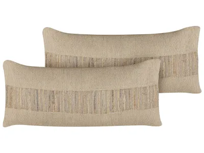 Produktbild von BELIANI Dekokissen 2er Set Beige aus Jute Baumwolle 30 x 70 cm Rechteckig mit Muster Deko Dekoration Wohnaccessoires für Wohnzimmer Schlafzimmer