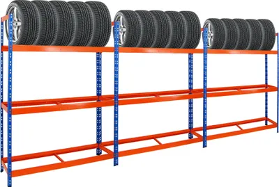 Produktbild von Mega Deal | 3x Reifenregal Tiger XL | HxBxT 200x150x45 cm | 300kg Fachlast | bis zu 54 Reifen | Blau-Orange