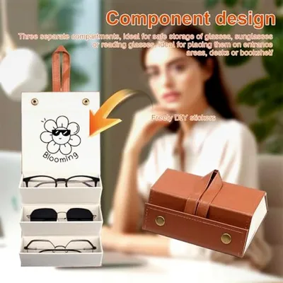 Produktbild von 2 Stück Brillenaufbewahrungsbox, Dreiteiliges Leder-Sonnenbrillenetui, Faltbare Brillenaufbewahrung in Schwarz und Khaki für Brillen, Halsketten und Uhren