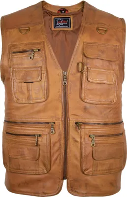 Produktbild von Herren Lederweste Anglerweste Freizeit Camp Weste Braun Echtes Lamm Leder (XL)
