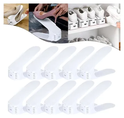 Produktbild von Einstellbare Schuhregale 20 Stück Verstellbarer Schuhhalter, 3 höhenverstellbar rutschfest Kunststoff Schuhstapler, für Schuh-Organizer Schrank Regal, Weiß
