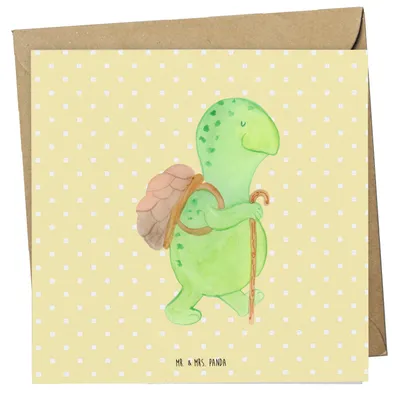 Produktbild von Mr. & Mrs. Panda Grußkarte Schildkröte Wanderer - Gelb Pastell - Geschenk, Schildkröten, Rucksack, anlasskarte, Motivationsspruch, Motivation, doppelkarte, Entpannt