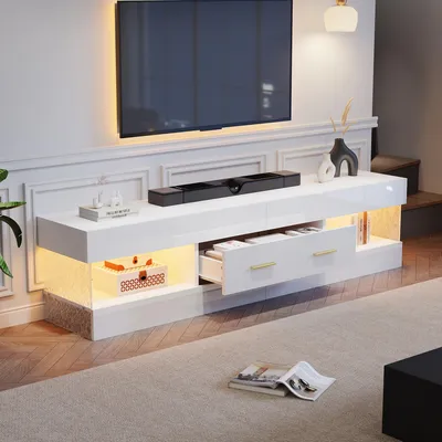 Produktbild von TV-Schrank Lowboard Lounge-Set Fernsehtisch 152x35x40cm Sitzgruppe bis 75 Zoll TV-Board Weiß Hochglanz aus Spanplatte mit Acrylglasplatte LED