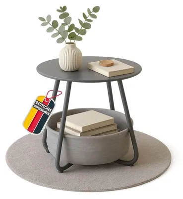 Produktbild von Couchtisch KOSI Grau aus Metall Ø 45 x 45 cm mit Aufbewahrungskorb Canvas, Beistelltisch rund mit Ablage - Wohnzimmertisch im Vintage Style, Sofatisch , Gartentisch mit Stoffkorb, zerlegt