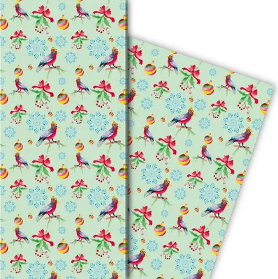 Produktbild von Vogel Weihnachts Geschenkpapier für liebevolle Geschenke mit Kugeln, grün - G8121, 32 x 48cm