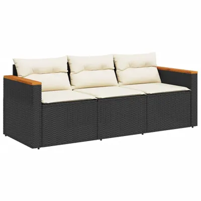 A three-seater outdoor sofa with cream cushions and wooden armrests, set against a white background.