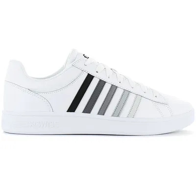 A white K-Swiss Court Winston sneaker with black and gray stripes on a white background.