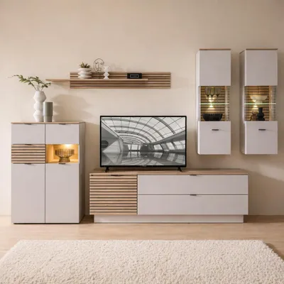 Produktbild von Wohnwand in Beige mit Eiche, inkl. Beleuchtung, Highboard & 2 Lowboards & 2 Vitrinen & Wandboard, 6-teilig - ISCHIA-36
