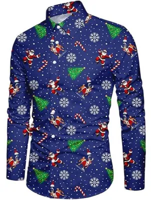 Image de Chemise pour homme à manches longues, motif festif et amusant, bleu foncé, taille XXL