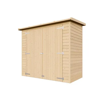 A wooden garden shed with double doors, shown from a slightly angled front view against a white background.