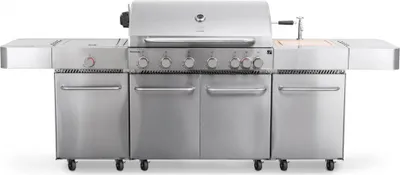 A stainless steel gas grill with multiple burners and side shelves, shown from the front against a white background.