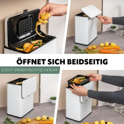 Produktbild von eluno Biomülleimer 6L mit Geruchsfilter, zum Hängen, Stellen oder Kleben, Komposteimer, 3 Montagearten, matt weiß