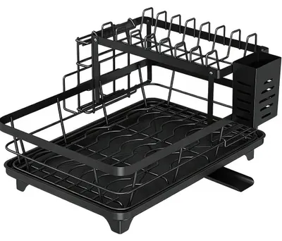 Produktbild von Geschirrabtropfgestell, 2-stöckiges Design, integrierte Abtropfschale, Schwarz-A 2-stufig