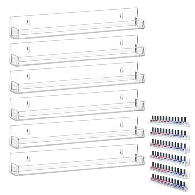 A set of clear acrylic wall-mounted shelves for displaying nail polish and cosmetics, with a separate smaller display of nail polish bottles.
