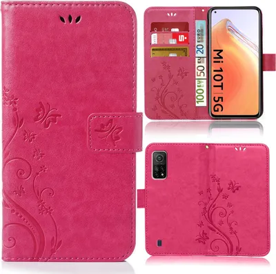 Produktbild von Handy Tasche für Xiaomi Mi 10T / Mi 10T Pro Schutz Hülle Handyhülle mit Blumenmuster Klapp Hülle mit Standfunktion und Kartenfächer Pink