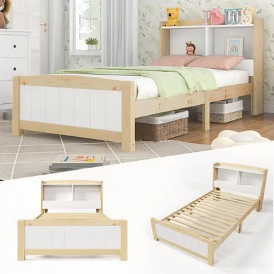 Produktbild von Kiefer massiv Einzelbett 90×200 cm mit Stauraum-Kopfteil, Kinderbett Jugendbett, Natur und Weiß, ohne Matratze und Schubladen