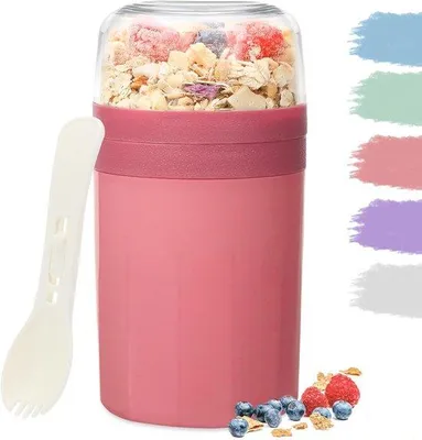 Produktbild von Praktische Joghurtbecher, 520 ml + 250 ml – Kinderbecher mit Löffel und Aufbewahrungsbox für Soßen – Rosa