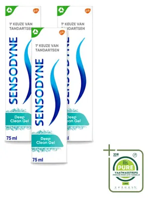 Immagine prodotto di 3 tubetti di dentifricio Sensodyne Deep Clean, gel, da 75 ml ciascuno. Confezione grande, 3 pezzi