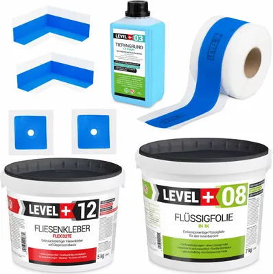 Produktbild von Dichtset Flüssigfolie 7kg + Kleber 5kg Tiefgrund 1L Dichtband Innenecken SET502