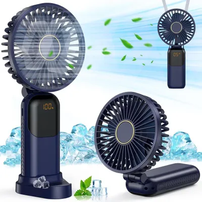 Produktbild von Tragbarer Mini-Ventilator, USB-wiederaufladbarer Ventilator, Taschenventilator mit 5 Geschwindigkeitsstufen und Standfuß, leiser, faltbarer Handventilator für Büro und Outdoor (Blau)