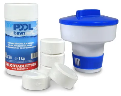 Produktbild von SET> myPOOL Chlordepot Tabs Langzeittabletten 200gr. 1,0 kg + Dosierschwimmer