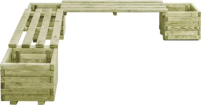 A wooden garden bench with integrated planters, shown from a diagonal angle against a white background.