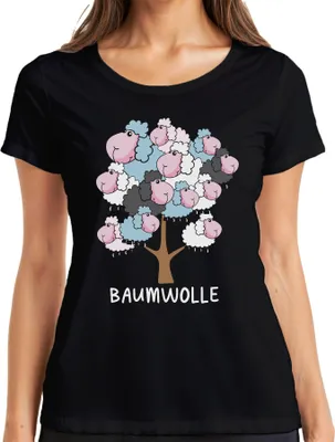 Produktbild von Baumwolle Schafbaum Cartoon Baumwollbaum Schafe Bauernhof Humor Damen T-Shirt, Schwarz, M