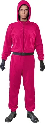 A person wearing a pink hooded jumpsuit and black gloves and shoes, standing against a white background.