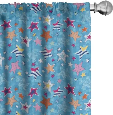 Zdjęcie produktu dla ABAKUHAUS Zasłony gwiazdkowe, firanki, ręcznie rysowane abstrakcyjne motywy kosmiczne, kolorowe wzory z kreskówek, 2 sztuki 75 x 245 cm, wielokolorowe