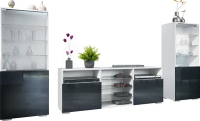 Produktbild von Vladon Wohnwand Granada, Anbauwand bestehend aus 2 Vitrinen und 1 TV-Board, Weiß matt/Schwarz Hochglanz (286 x 122,5 x 35 cm)
