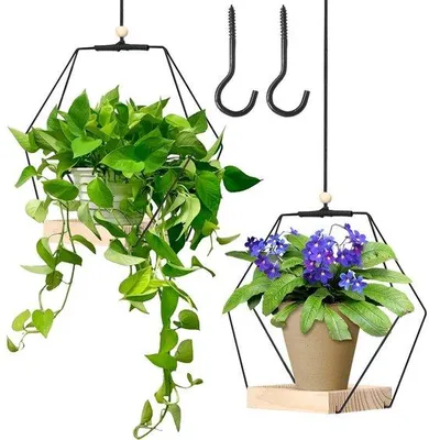 Imagen del producto de Juego de 2 macetas colgantes para plantas, con base de metal y madera