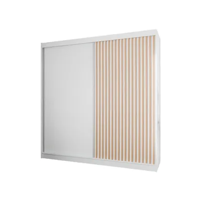 Produktbild von Kleiderschrank Lili mit Lamellen 200 cm inklusive 2 Schiebetüren Schwebetürenschrank Kleiderstange Garderobe Schrank Lieferung bis in die Wohnung (Farbe: weiß, weiß, Lamelle wotan)