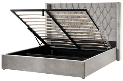 Produktbild von BELIANI Bett mit Bettkasten Hellgrau Gepolstert 180 x 200 cm Lattenrost Hohes Kopfteil Knopfheftung Nieten Retro Klassisch Schlafzimmer