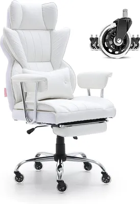 Produktbild von Bürostuhl Kunstleder Weißer Chefsessel mit Fußstütze, Schreibtisch Drehsessel Höhenverstellbar 0–80 mm, 181,43 kg Tragfähigkeit, Chefsessel Bürostuhl 860 x 610 mm Rückenlehne Drehsessel