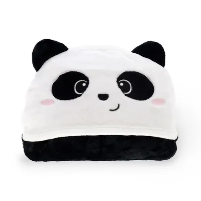 A plush panda blanket with a hood, shown from the front against a white background.