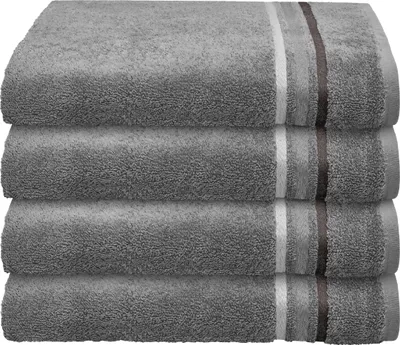 A stack of four grey towels with decorative stripes.