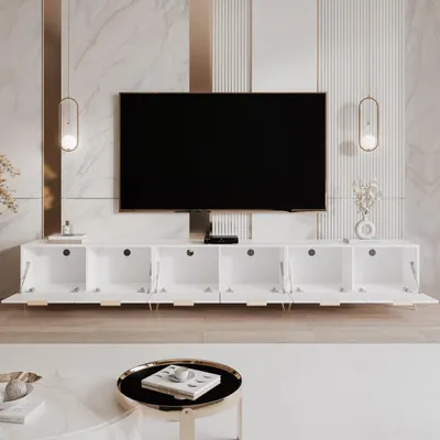 Image de Idohome TV-Lowboard Angel 300 cm blanc mat armoire TV, éclairage LED, meuble média, armoire TV sur pieds métalliques dorés, poignées dorées